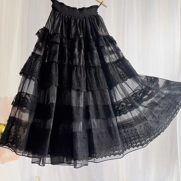 Black Tiered Lace Organza Maxi Skirt, High Waist Long Tutu Skirt, Wedding Bridesmaid Skirt, Dating Skirt, Party Skirt, Plus Size Custom