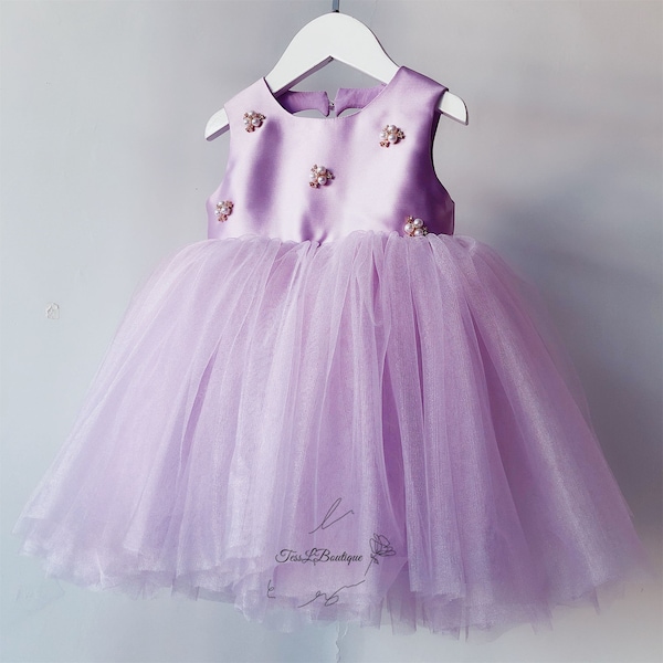 Lavender Purple Pearls Sweetheart Back Satin Tulle Flower Girl Dress, Baby Girl Toddler Dress, Girl Wedding Dress, Party Girl Dress