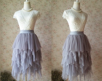 Gray Midi Tulle Skirt, Hi-Low Irregular Layered Skirt, High Waist Long Tutu Skirt, Wedding Bridesmaid Skirt, Dating Skirt, Party Skirt