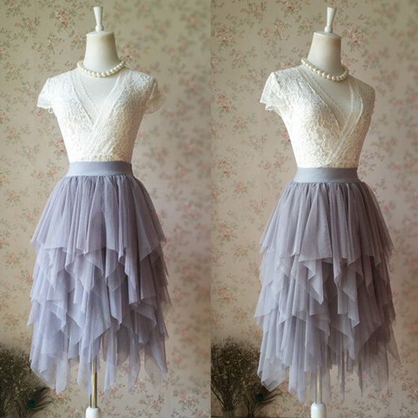 Gray Midi Tulle Skirt, Hi-Low Irregular Layered Skirt, High Waist Long Tutu Skirt, Wedding Bridesmaid Skirt, Dating Skirt, Party Skirt