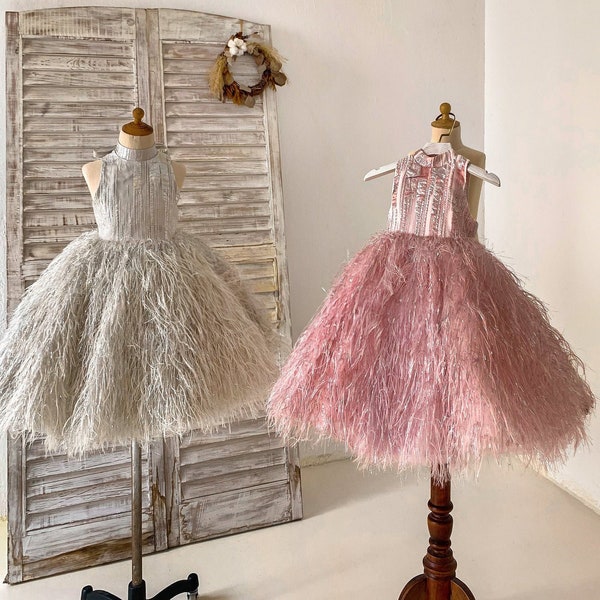Rose Pink/ Silver Gray/ Ivory Feather Flower Girl Dress, Baby Girl Dress, Toddler Princess Dress, Girl Wedding Dress, Party Girl Dress