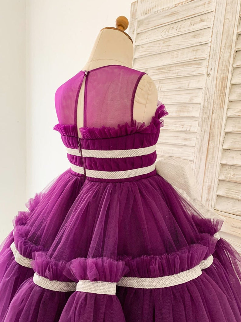 Vestido de niña de flores de boda de tul púrpura plisado de cuello transparente, vestido de fiesta para niñas, vestido de fiesta para niños pequeños, vestido de desfile para niñas imagen 5