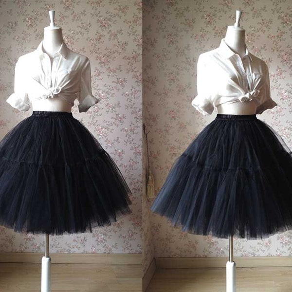 Black 4 Layer Puffy Tutu Skirt, Knee Length Tulle Skirt, Wedding Bridesmaid Skirt, Party Skirt, Petticoat Underskirt, Plus Size