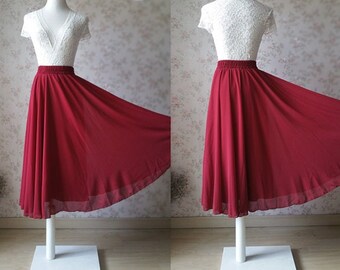 Burgundy 2 Layer Chiffon High Waist Midi Skirt, Wedding Skirt, Bridesmaid Skirt, Party Skirt, Holiday Outfit, Beach Skirt