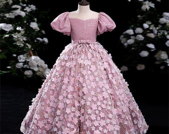 Pink Flower Sequins Tulle Wedding Flower Girl Dress, Ball Gown for Girls, Girl Pageant Dress, Kids Party Dress for Special Occasion