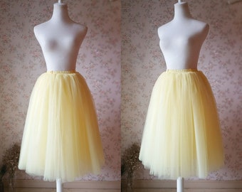Light Yellow 6 Layer Tulle Midi Skirt, High Waist Tea Length Tutu Skirt, Wedding Bridesmaid Skirt, Dating Skirt, Party Skirt, Plus Size