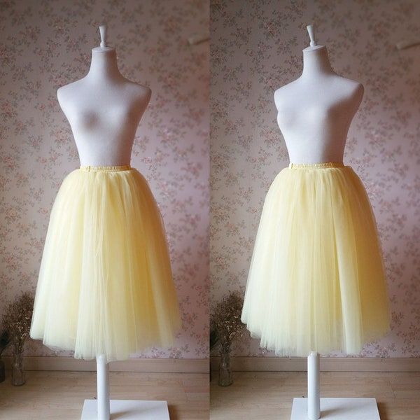 Light Yellow 6 Layer Tulle Midi Skirt, High Waist Tea Length Tutu Skirt, Wedding Bridesmaid Skirt, Dating Skirt, Party Skirt, Plus Size