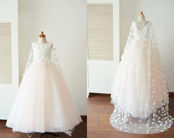 Robe de demoiselle d’honneur en dentelle Ivoire Blush Tulle avec Cape papillon, robe bébé fille enfant en bas âge, robe de mariée fille, robe de fille de fête, robe de bal fille