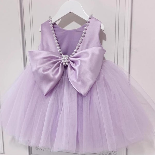 Lavendel paarse parels V-back satijnen tule bloemenmeisje jurk, baby meisje peuter jurk, meisje trouwjurk, feest meisje jurk