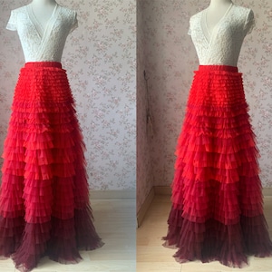 Burgundy Ombre Cupcake Tulle Skirt, High Waist Floor Length Tiered Skirt, Wedding Bridesmaid Skirt, Dating Skirt, Party Skirt