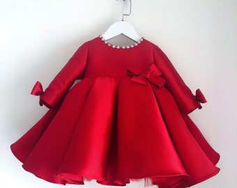 Red Satin Beading Flower Girl Dress, Baby Girl Toddler Dress, Girl Princess Bow Dress, Girl Wedding Dress, Party Girl Dress