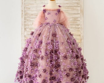 Straps 3D Purple Lace Flower Tulle Wedding Flower Girl Dress, Girl Ball Gown, Girl Party Dress, Girl Pageant Gress, Baby Toddler Kids Dress