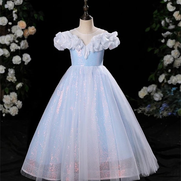 Dreamy Blue Sparkle Sequin Tulle Wedding Flower Girl Dress, Full Length Ball Gown for Girls, Girl Pageant Dress, Kids Princess Party Dress