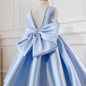 Sky Blue Pearls V-back Satin Flower Girl Dress, Baby Toddler Midi Dress, Girl Wedding Dress, Party Girl Dress