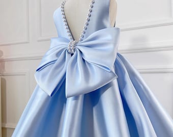 Vestido de niña de flores satinado con espalda en V de perlas azul cielo, vestido midi para niños pequeños, vestido de novia para niñas, vestido de fiesta para niñas