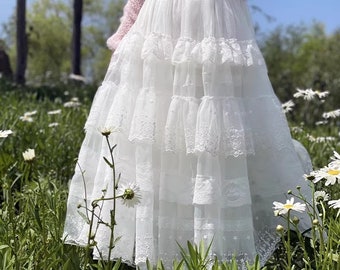 Ivory Tiered Lace Organza Maxi Skirt, High Waist Long Tutu Skirt, Wedding Bridesmaid Skirt, Dating Skirt, Party Skirt, Plus Size Custom