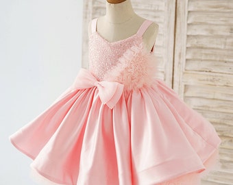 Light Pink Sequins Tulle Satin Flower Girl Dress, Baby Toddler Puffy Dress Tutu, Girl Wedding Dress, Party Girl Dress, Girl Pageant Dress