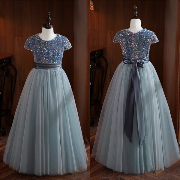 Robe de fille de fleur de mariage en Tulle à paillettes bleu poussiéreux avec manches à capuchon, robe longue de fille, robe de fête de fille, robe de concours