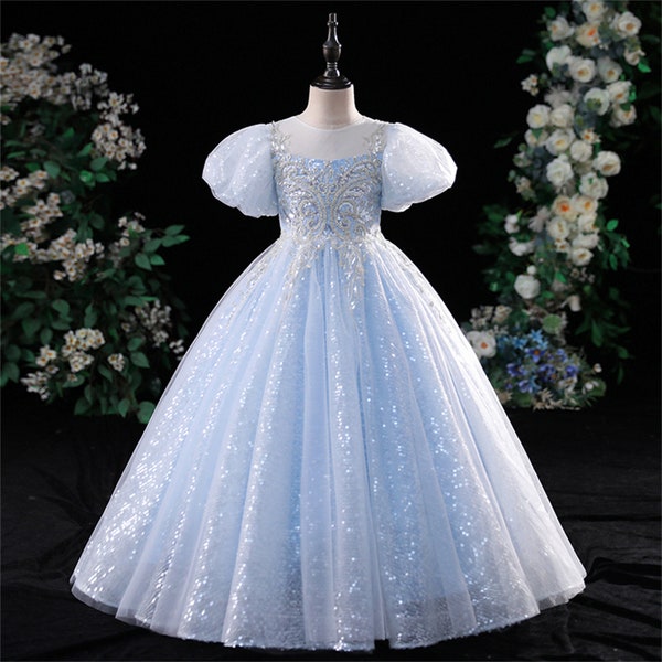Sky Blue Beading Sequins Tulle Wedding Flower Girl Dress, Full Length Ball Gown for Girls, Girl Pageant Dress, Kids Party Dress