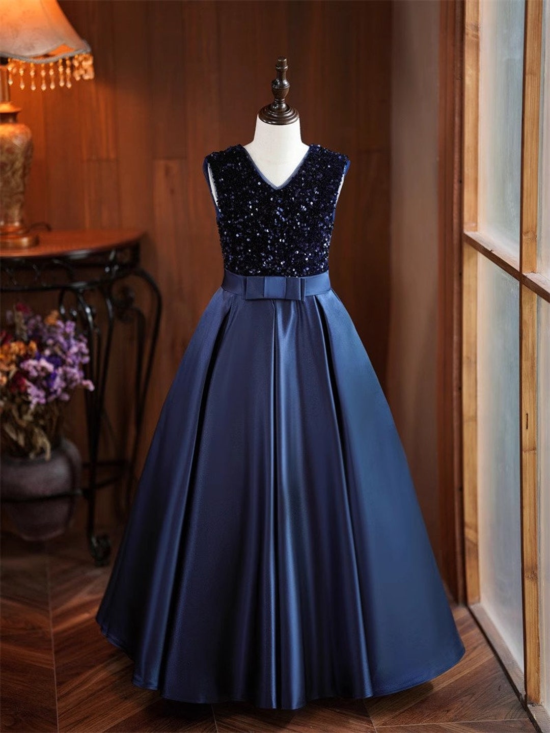 Navy Blue Sparkle Sequins Satin Flower Girl Dress, Girl Performance
