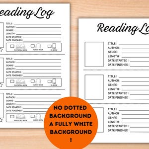 May include: Printable reading log template with a black and white design. The template has spaces to record the title, author, genre, length, date started, and date finished of a book. There are also checkboxes to indicate whether the book was a physical book, audiobook, or e-book. The template has a section for rating the book with five stars.