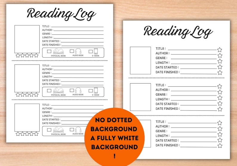 May include: Printable reading log template with a black and white design. The template has spaces to record the title, author, genre, length, date started, and date finished of a book. There are also checkboxes to indicate whether the book was a physical book, audiobook, or e-book. The template has a section for rating the book with five stars.