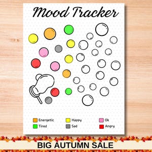 May include: A printable mood tracker with a bubble design. Color the bubbles to track your mood. The colors are yellow for happy, orange for energetic, green for tired, pink for ok, and red for angry. The text "Mood Tracker" is at the top of the page.
