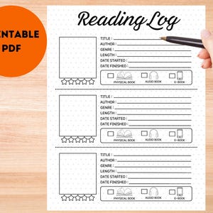 May include: Printable reading log with three sections for recording book details. Each section includes fields for title, author, genre, length, date started, date finished, and a rating system.  The log also includes options for physical book, audiobook, or e-book.