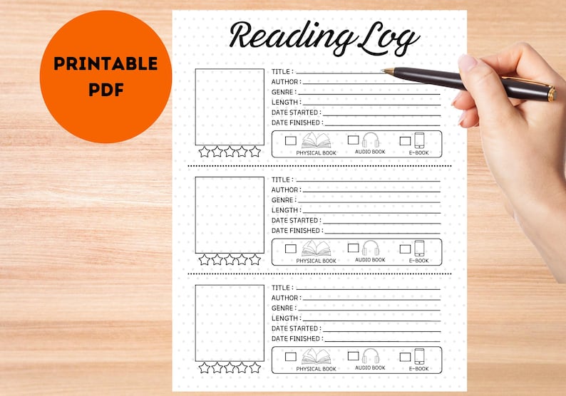 May include: Printable reading log with three sections for recording book details. Each section includes fields for title, author, genre, length, date started, date finished, and a rating system.  The log also includes options for physical book, audiobook, or e-book.