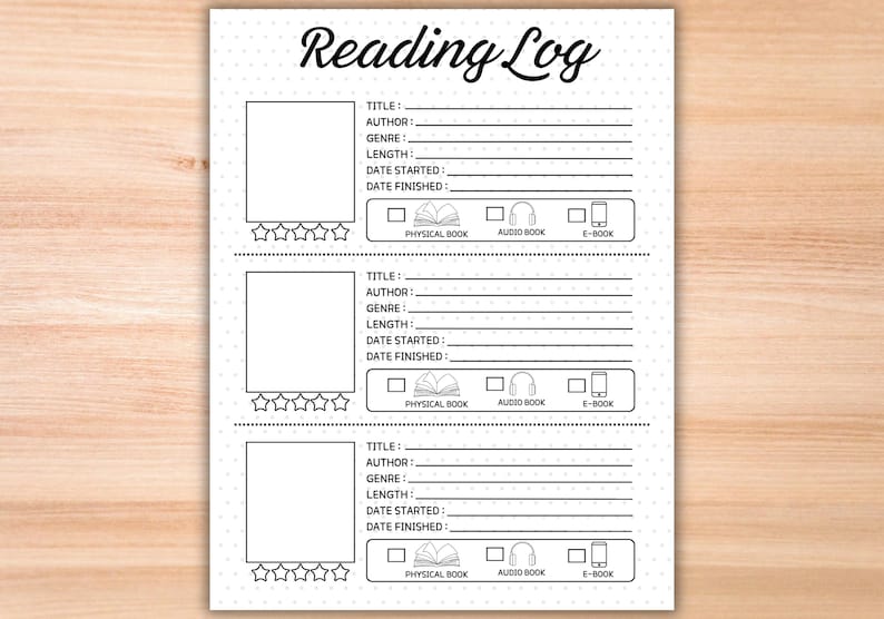 May include: A black and white printable reading log with three sections for recording book information. Each section includes fields for title, author, genre, length, date started, date finished, and a checkbox for physical book, audiobook, or e-book.