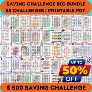Może przedstawiać: Kolorowy, drukowany pakiet PDF z 55 wyzwaniami oszczędnościowymi, obejmujący kategorie takie jak artykuły spożywcze, wakacje i prezenty. Obraz zawiera napis "Saving Challenge Big Bundle" i "Up to 50% Off".