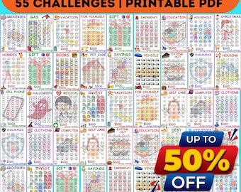 May include: A colorful printable PDF bundle with 55 saving challenges, including categories like groceries, vacation, and gifts. The image features a vibrant design with text that reads "Saving Challenge Big Bundle" and "Up to 50% Off."