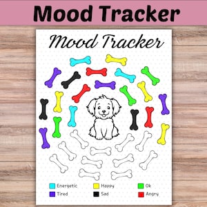 May include: A printable mood tracker featuring a dog surrounded by bones in different colors. The colors represent different moods: energetic (blue), tired (purple), happy (yellow), sad (black), ok (green), and angry (red).