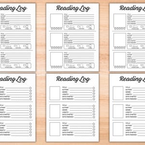 May include: Printable reading log pages with a black and white design. Each page has space to record the title, author, genre, length, date started, date finished, and a rating system with five stars.