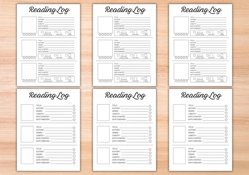 May include: Printable reading log pages with a black and white design. Each page has space to record the title, author, genre, length, date started, date finished, and a rating system with five stars.