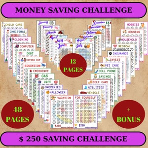 250 USD Savings Challenge, A6 Sized Savings Challenge Trackers, Budget Planner, Savings Challenge Printable, Savings Challenge Set Of 48