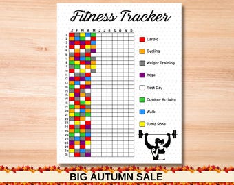 May include: A printable fitness tracker with a grid for each month of the year. The grid is color-coded to represent different types of exercise, including cardio, cycling, weight training, yoga, rest day, outdoor activity, walk, and jump rope.