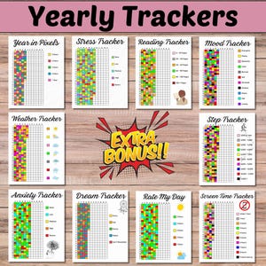 Jahres-Tracker - DRUCKBARE Journal Seiten - Bullet Journal Seiten - Lese-Tracker, Jahres-Tracker, Stimmungs-Tracker, Jahr in Pixel