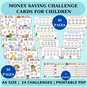 以下が含まれることがあります： 子供向けの貯金チャレンジが24個入った、印刷可能なページ10枚セット。各ページには異なる動物と、お金を貯めるときに色を塗る正方形のグリッドが描かれています。チャレンジは1円から100円までです。ページはA6サイズです。