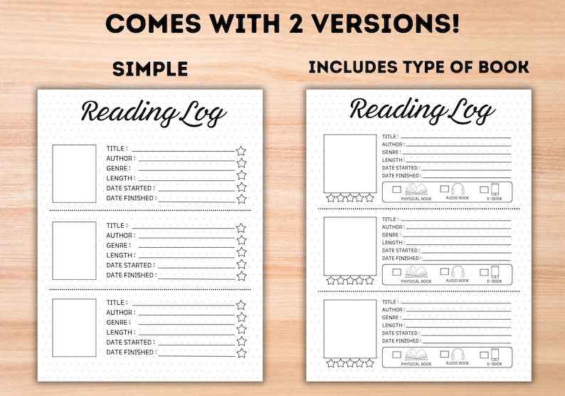 May include: Two printable reading log templates. The first template is simple and has space for the title, author, genre, length, date started, and date finished. The second template includes a section to indicate the type of book, with options for physical book, audiobook, and e-book.