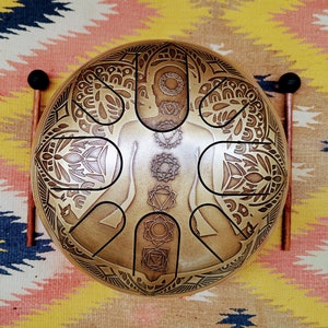 seven chakra beautiful carving happy drum (steel drum/handpan) musical instrument for meditation and yoga with calming sounds and gift item