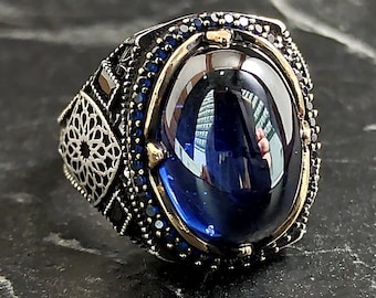 Men Oval Blue Sapphire Gemstone Silver Ring, Silver Dark Blue Stone Signet Ring, Handmade Shield Emperor Ring, Vintage Jewelry, Gift For Him