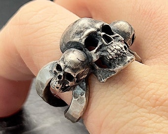 Handmade Skull Ring, Hammered Skull Biker Ring, Silver Gothic Skeleton Ring, 925K Skull Mens Ring, Biker Jewelry, Anatomical Skull Ring