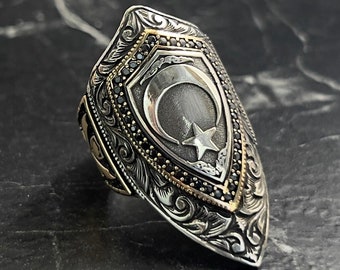 Men Zihgir Turkish Flag Archer Ring, Handmade Archer Thumb Ring - Main Image