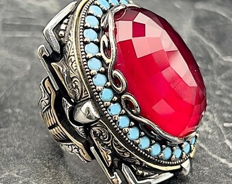 Large Ruby Statement Ring For Men, Handmade 925 Sterling Silver Ring With Red Zircon Stone, Bold Gift For Him, Father's Day Jewelry