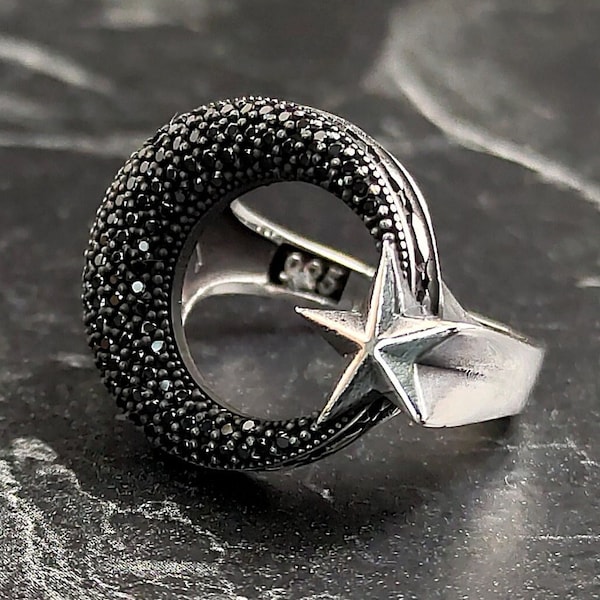 Men Sterling Silver Crescent and Star Ring, Turkish Flag Moon And Star Silver Ring, Ottoman Tugra Design, Islamic Ring, Gift For Him