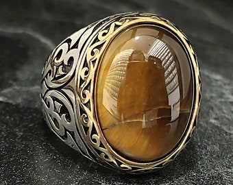 Anillo de plata con piedra preciosa de ojo de tigre ovalado para hombre, anillo de piedra de ojo de tigre marrón plateado, estilo floral hecho a mano, joyería de plata para hombre.