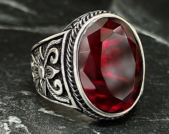 Bague homme pierre grenat rouge argent, bague homme rubis rouge pierre gemme, bijoux turcs faits main, style floral, bijoux en argent homme, cadeau pour lui