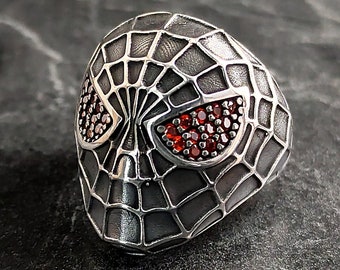 Handgjord silverring för män, Spiderman-ansiktsmaskring i silver, superhjältesmycken, ring i 925 karat sterlingsilver, present till honom
