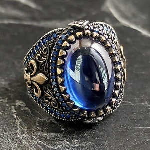 Anel masculino oval de prata com safira azul-escura, anel real francês de prata, anel feito à mão com símbolo da flor de lis, estilo floral, presente para ele